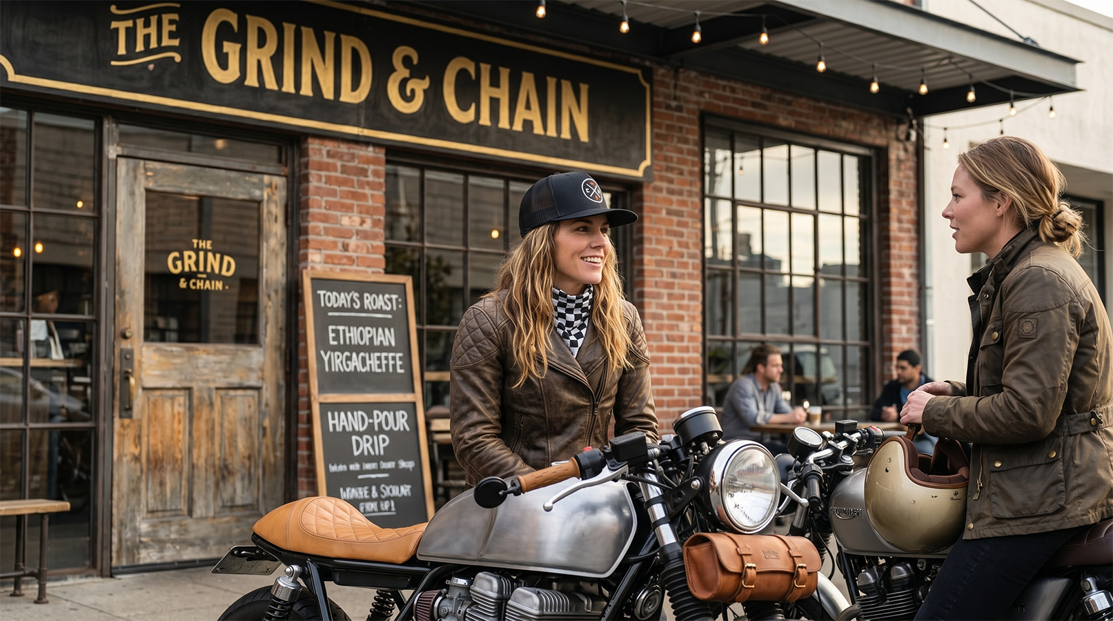 Two women on motorcycles in front of a vintage coffee shop