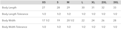 Size chart for body length and width with tolerance ranges for Next Level 6210 t-shirt