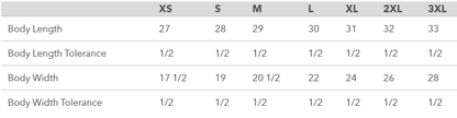 Size chart for body length and width with tolerance ranges for Next Level 6210 t-shirt