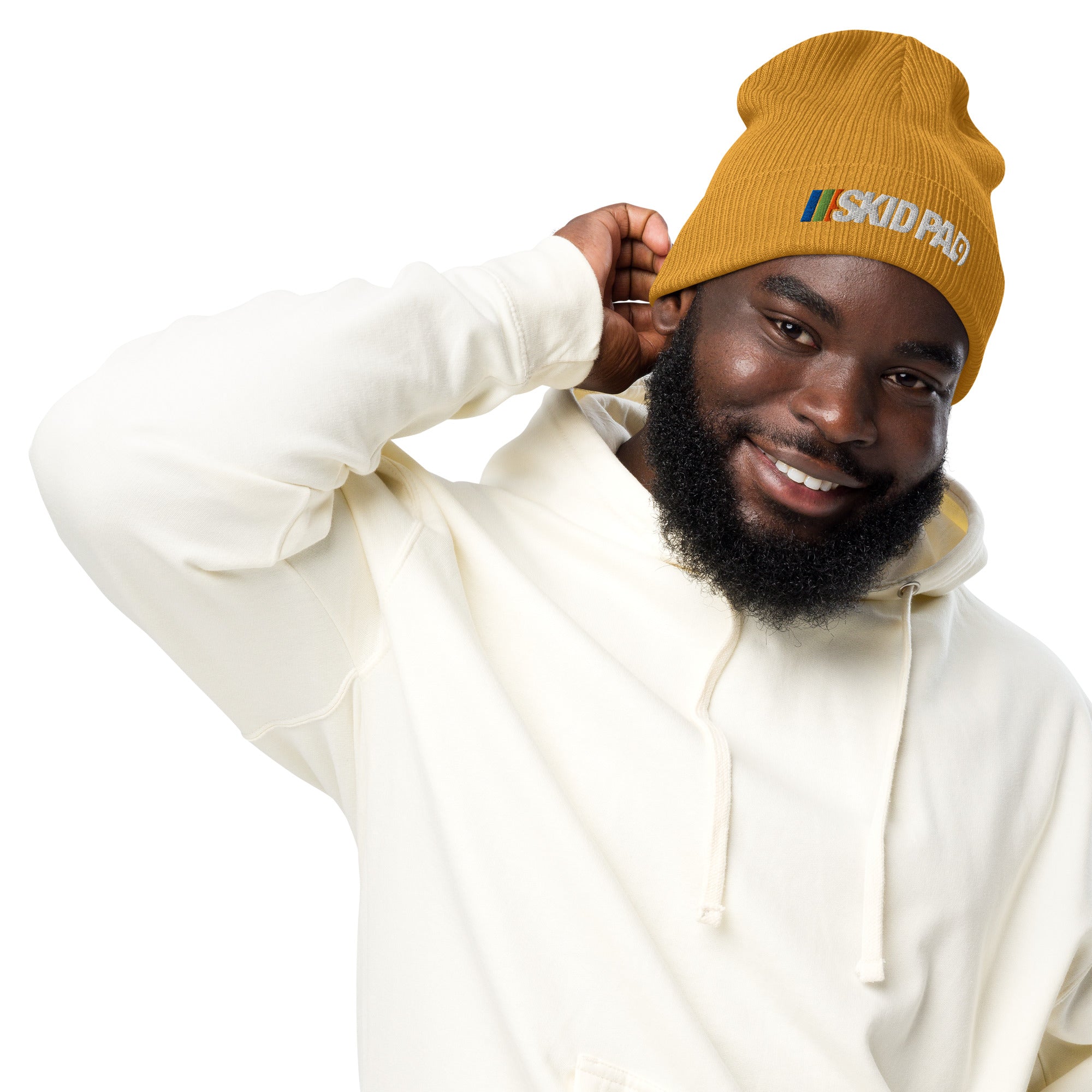 Man wearing Skid Pad Hwy 9 embroidered beanie