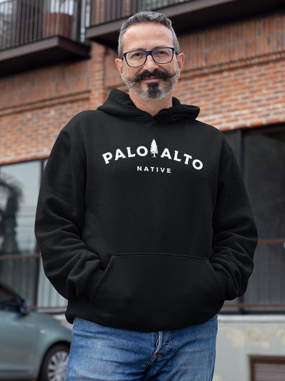 Male model with mustache wearing a Palo Alto Native black hooded sweatshirt by Crown Moto