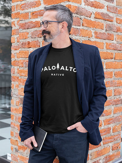Male model with mustache wearing a Palo Alto Native black t-shirt by Crown Moto