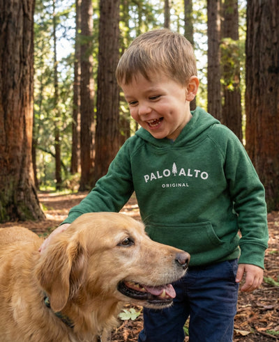 Child wearing a green hoodie with 'Palo Alto Original' text, standing next to a dog in a forest setting.