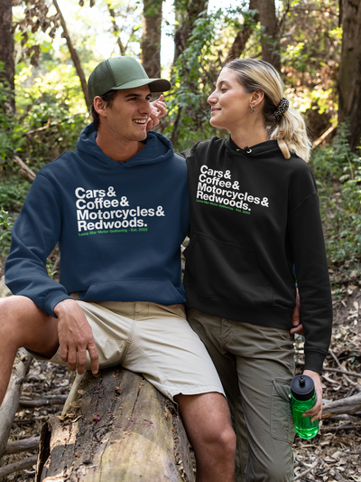 Loma Mar Motor Gathering 2025 Hoodie, cars and coffee, redwoods, motorcycles, enthusiasts, car people, motorcycle people, sf bay area, community, friends, car club