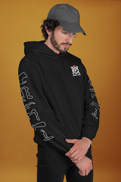 male model wearing black hooded sweatshirt with trademarked crown moto logo on chest and california race track maps on both sleeves