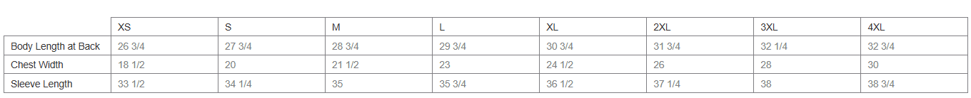 Table displaying measurements for raglan long sleeve sizes with columns for XS, S, M, L, XL, 2XL, 3XL, and 4XL.