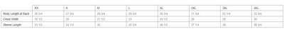 Table displaying measurements for raglan long sleeve sizes with columns for XS, S, M, L, XL, 2XL, 3XL, and 4XL.
