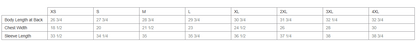 Table displaying measurements for raglan long sleeve sizes with columns for XS, S, M, L, XL, 2XL, 3XL, and 4XL.