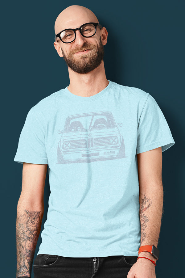 Man wearing a short sleeve t-shirt with classic 2002 BMW car on it, sky londa motor club design