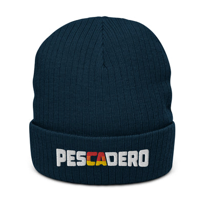 Navy blue Pescadero Sunset embroidered ribbed knit beanie