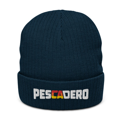 Navy blue Pescadero Sunset embroidered ribbed knit beanie