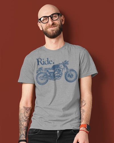 Man wearing grey "Ride" cafe racer short sleeve t-shirt