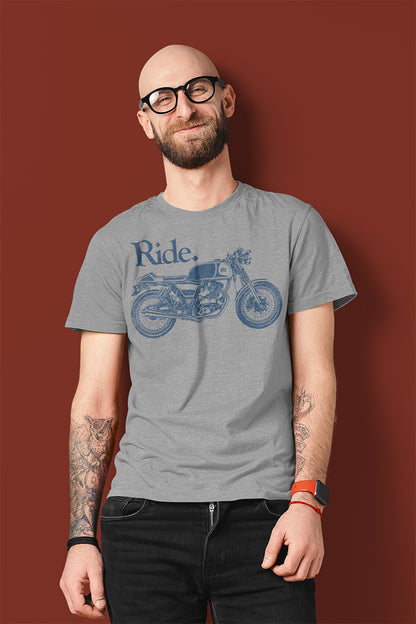 Man wearing grey "Ride" cafe racer short sleeve t-shirt