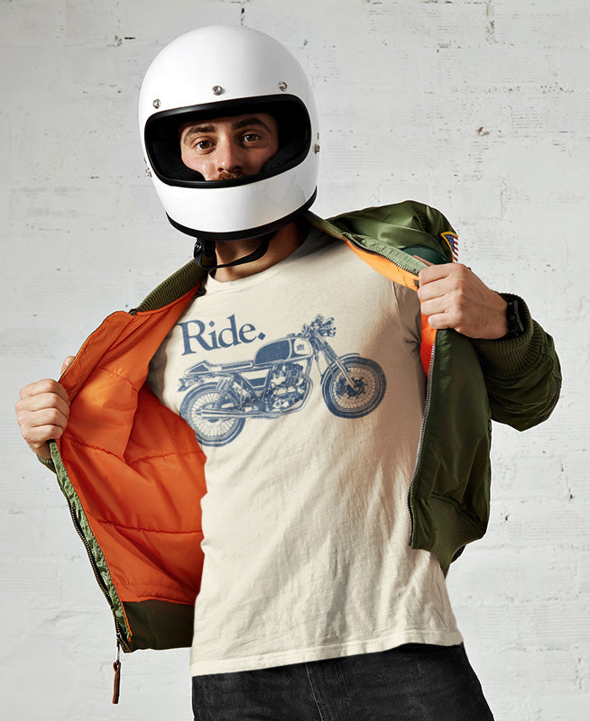 Man with motorcycle helmet opening jacket to show "Ride" cafe racer short sleeve t-shirt