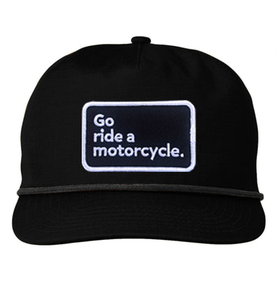 Product mockup of gold "Go ride a motorcycle" patch ripstop snapback hat by crown moto, embroidered patch, embroidery, motorcycle lifestyle, harley davidson, water resistant, lightweight, original
