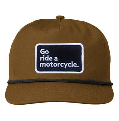 Product mockup of gold "Go ride a motorcycle" patch ripstop snapback hat by crown moto, embroidered patch, embroidery, motorcycle lifestyle, harley davidson, water resistant, lightweight, original