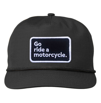 Product mockup of gold "Go ride a motorcycle" patch ripstop snapback hat by crown moto, embroidered patch, embroidery, motorcycle lifestyle, harley davidson, water resistant, lightweight, original