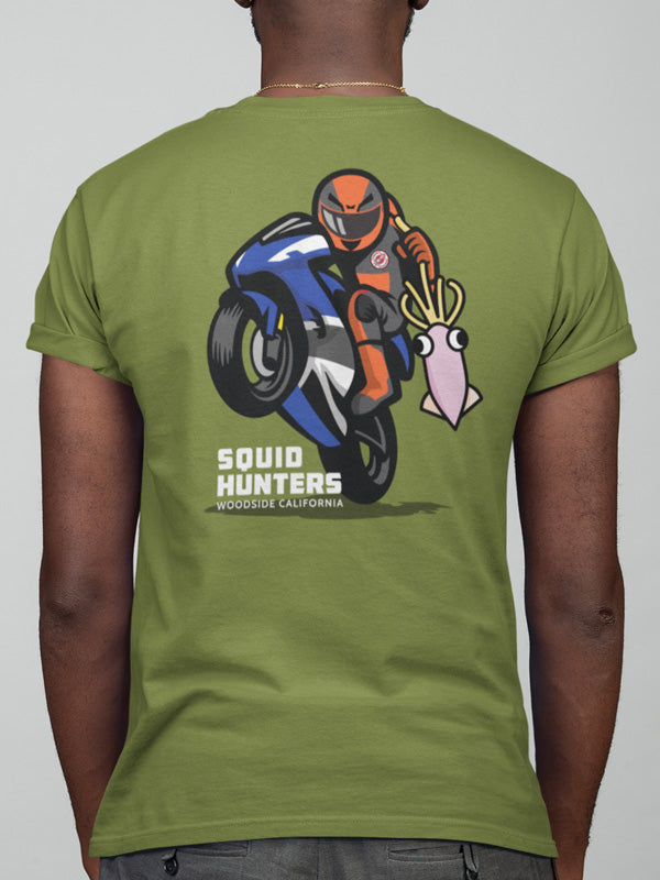 Original Squid Hunters motorcycle club design on back of olive green t-shirt worn by male model