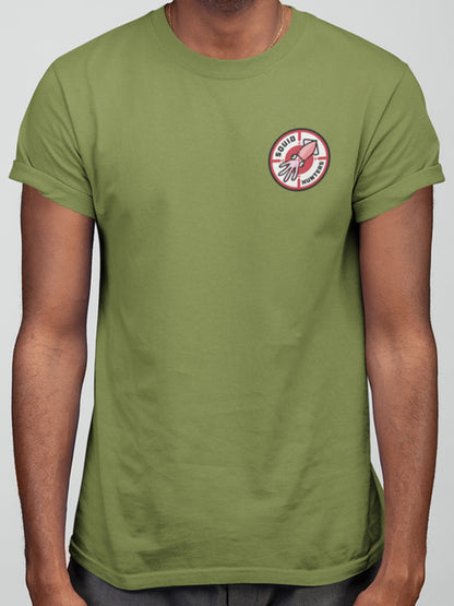 Original Squid Hunters motorcycle club design on front chest of olive green t-shirt worn by male model