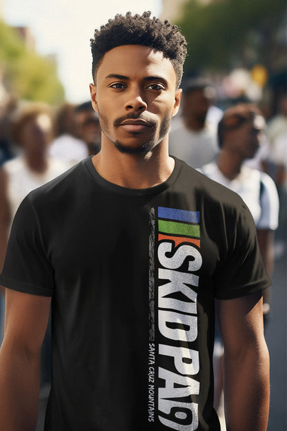 Young man wearing Highway 9 Skid Pad Santa Cruz Mountains design vertical on front of black t-shirt