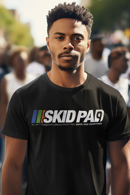 Young man wearing a black t-shirt with Highway 9 Skid Pad design on chest