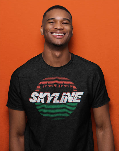 Young man wearing original Skyline Blvd design t-shirt by Crown Moto