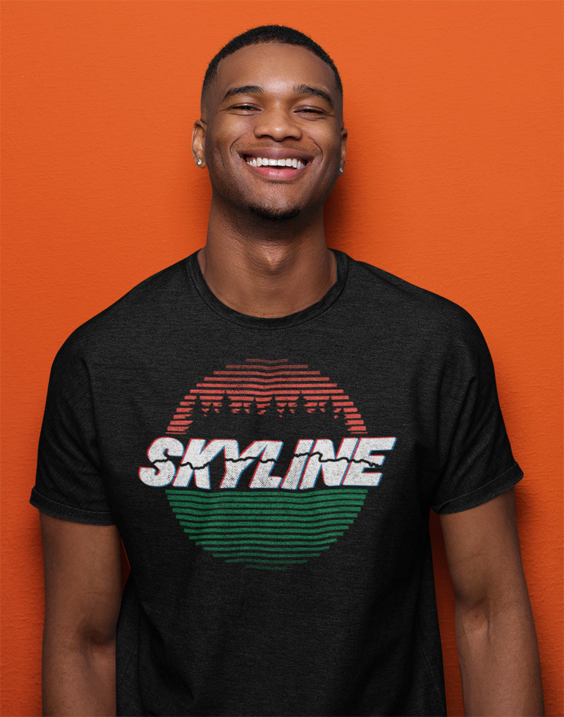 Young man wearing original Skyline Blvd design t-shirt by Crown Moto