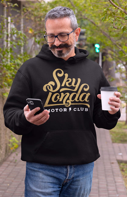 Original "Sky Londa Motor Club" logo on chest of black hooded sweatshirt