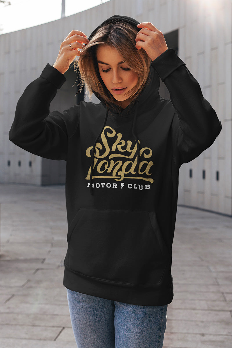 Original "Sky Londa Motor Club" logo in gold and white on chest of black hooded sweatshirt