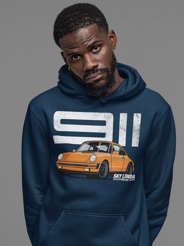 Male model wearing a navy blue hoodie with "Sky Londa Motor Club" Porsche 911 design on chest