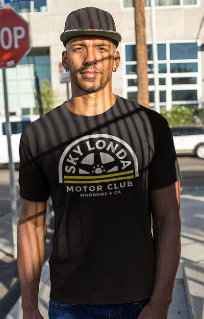 Original "Sky Londa Motor Club" Wheel Logo printed on chest of black t-shirt