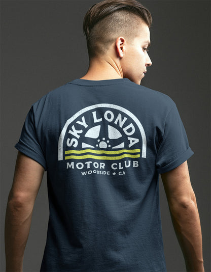 Original "Sky Londa Motor Club" Wheel Logo printed on back of short sleeve t-shirt