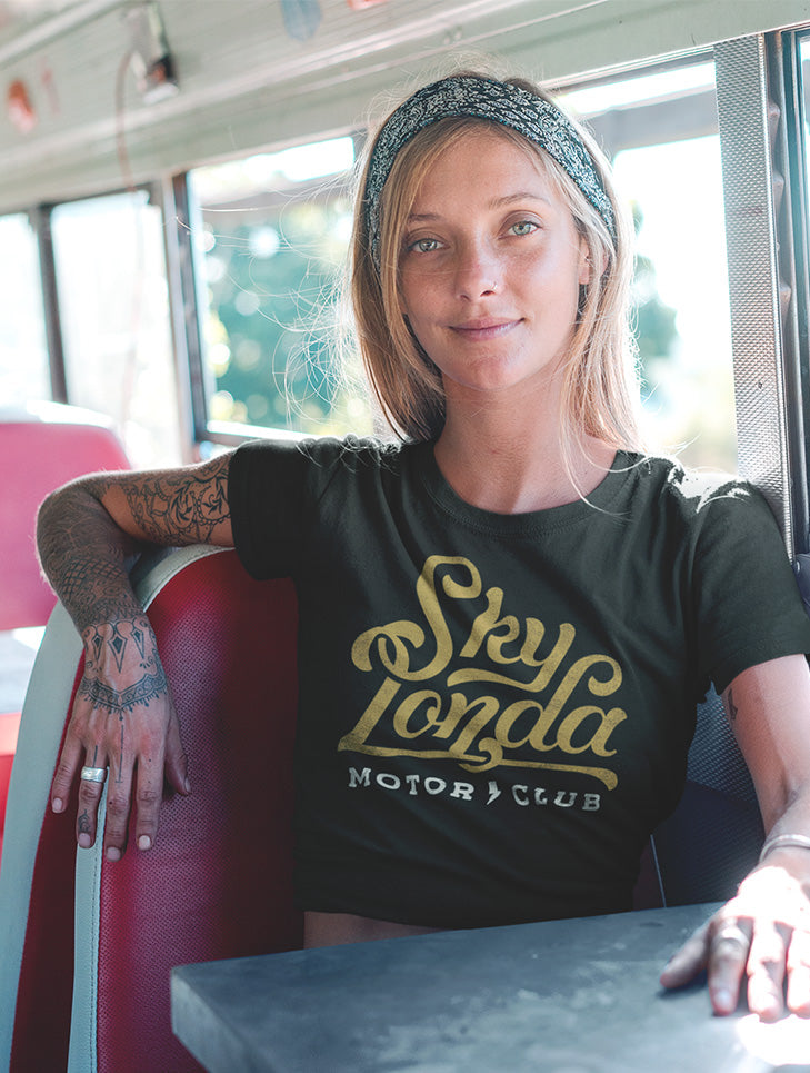 Original "Sky Londa Motor Club" logo on chest of women's cropped t-shirt