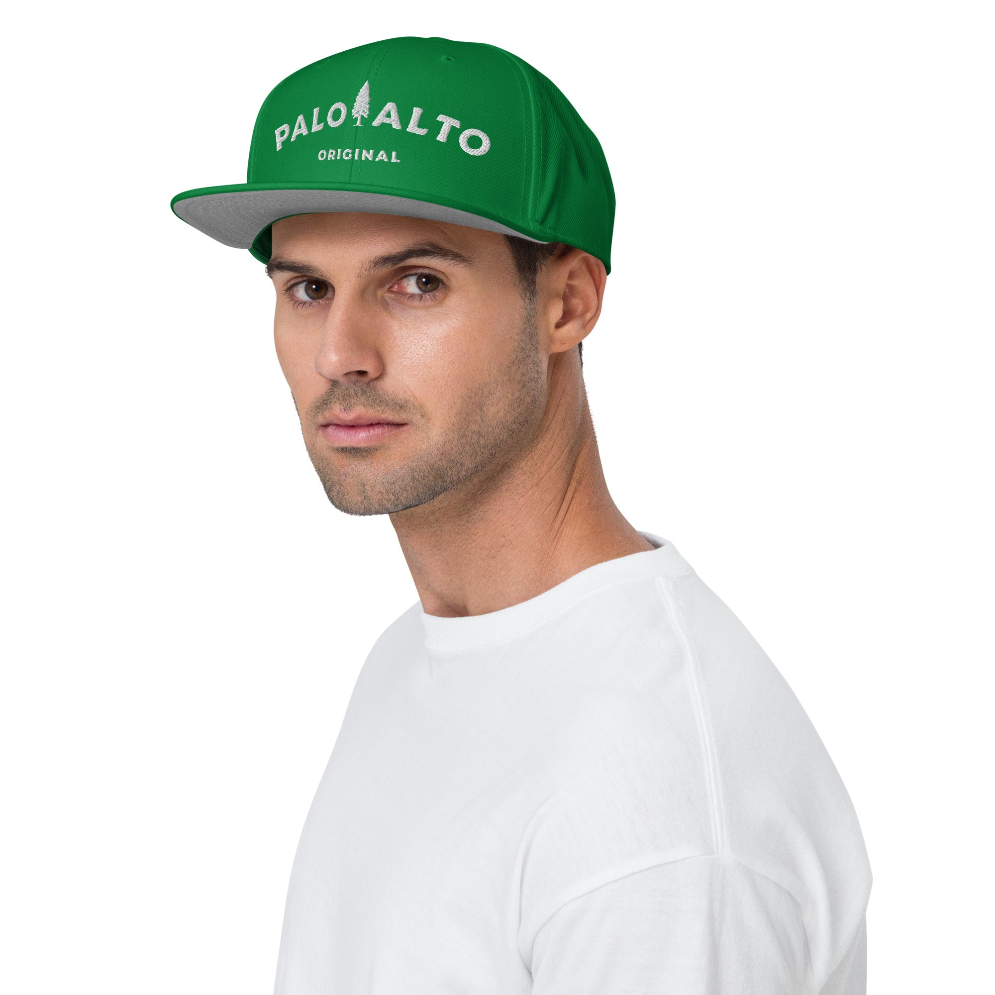 Man wearing green Palo Alto Original Embroidered Snapback Hat