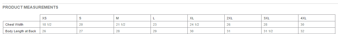 Product measurements chart for a garment with size labels from XS to 3XL.