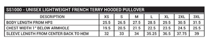 sizing chart for unisex lightweight french terry hooded pullover