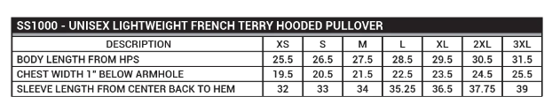 sizing chart for unisex lightweight french terry hooded pullover