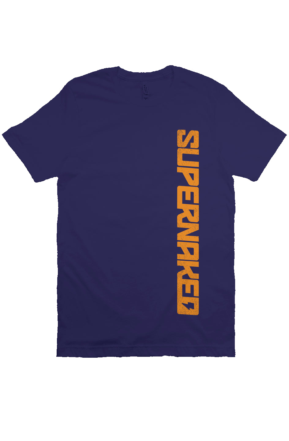 Short sleeve t-shirt with SUPERNAKED text in orange vertical on left side of front