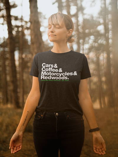 Loma Mar Motor Gathering 2025 t-shirt, shirts, cars and coffee, redwoods, motorcycles, enthusiasts, car people, motorcycle people, sf bay area, community, friends, car club