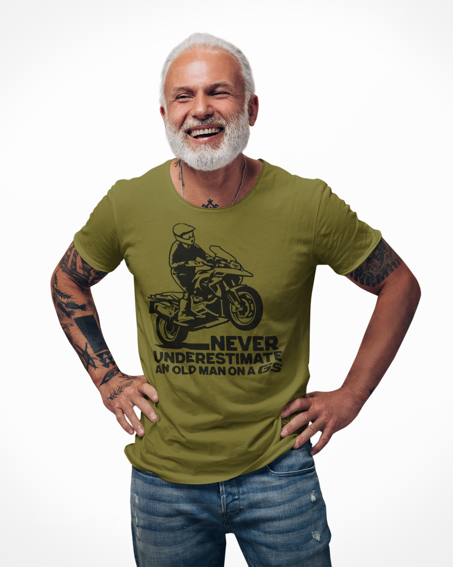 Older man wearing a t-shirt with a man on a GS motorcycle sitting proudly with text below saying "never underestimate an old man on a gs"