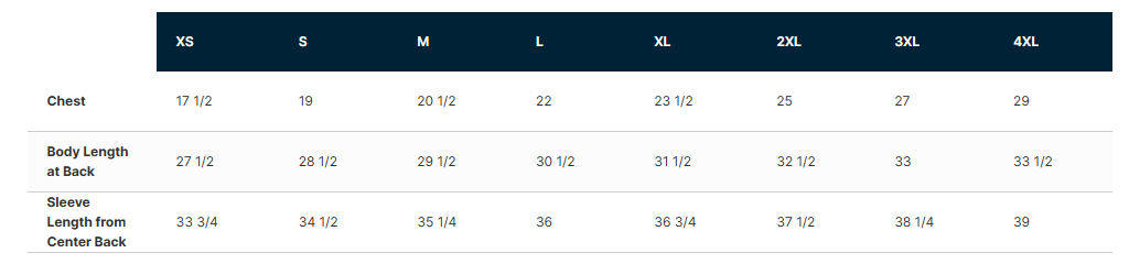 Measurement chart for a garment with size labels from XS to XXL.