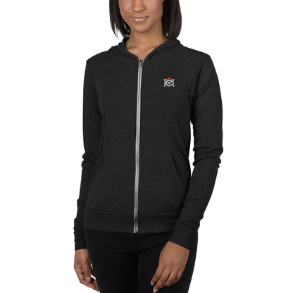 Woman wearing lightweight full zip hoodie with trademarked crown moto logo embroidered on left chest