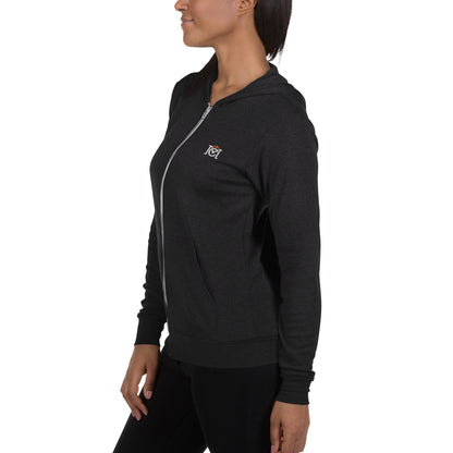 Woman wearing lightweight full zip hoodie with trademarked crown moto logo embroidered on left chest