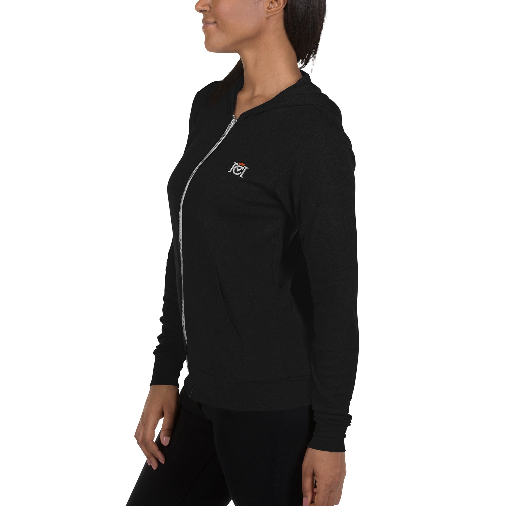 Woman wearing lightweight full zip hoodie with trademarked crown moto logo embroidered on left chest