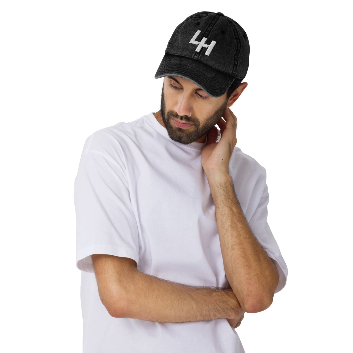 Man wearing La Honda SHIFT logo from crown moto embroidered in 3D on the front of vintage baseball cap