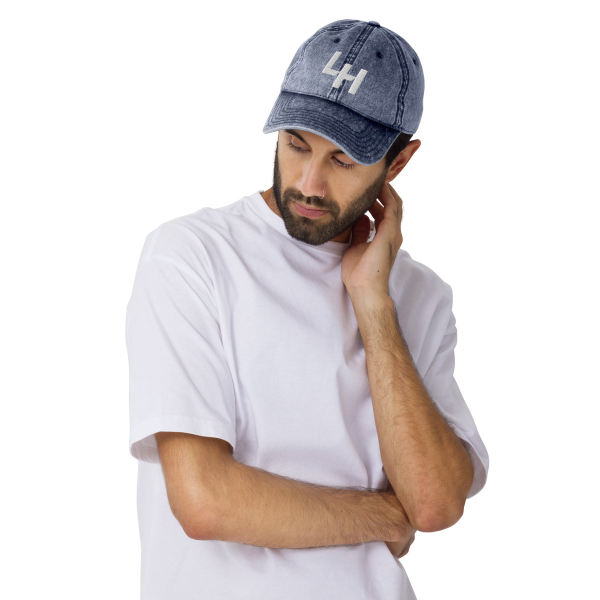 Man wearing La Honda SHIFT logo from crown moto embroidered in 3D on the front of vintage baseball cap