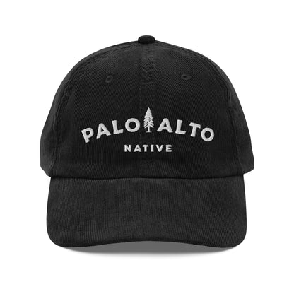 Front view of embroidered vintage black corduroy palo alto native hat by crown moto