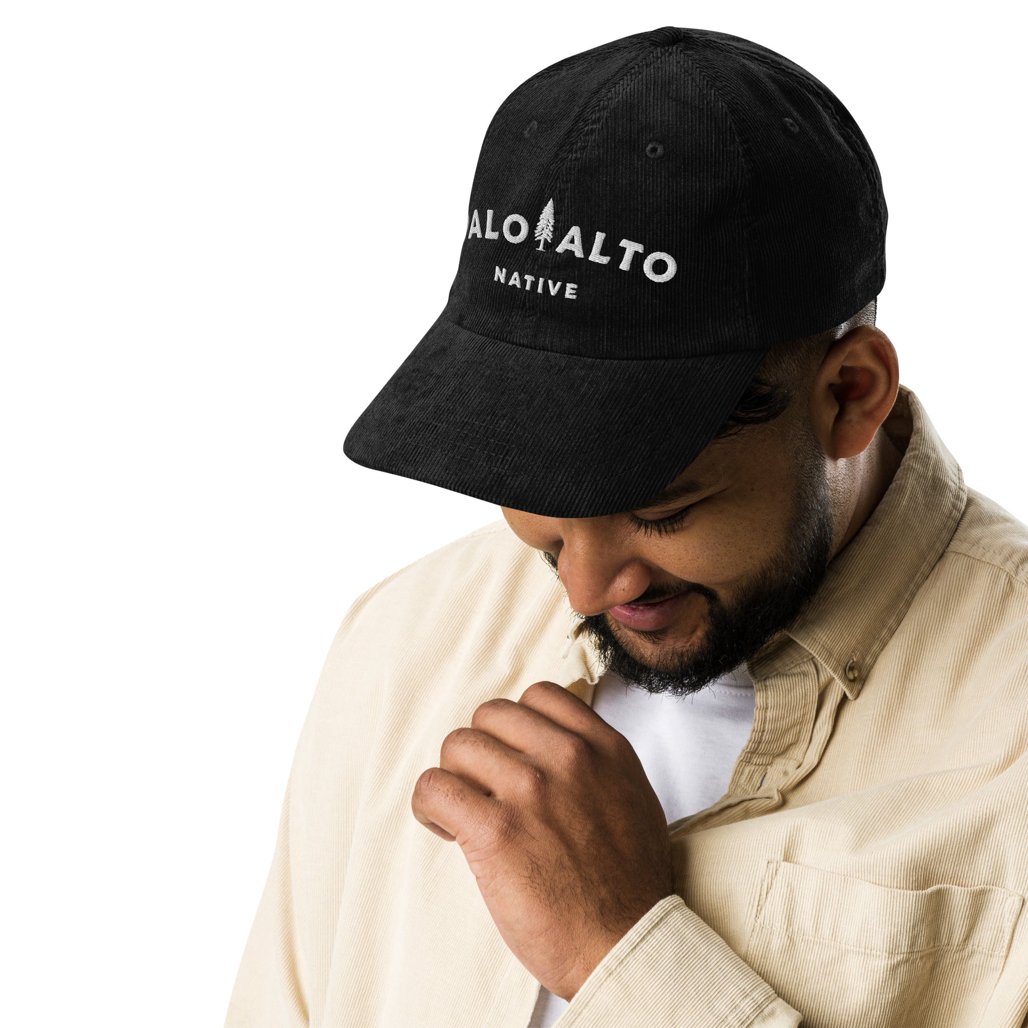 Male model wearing vintage corduroy palo alto native embroidered hat