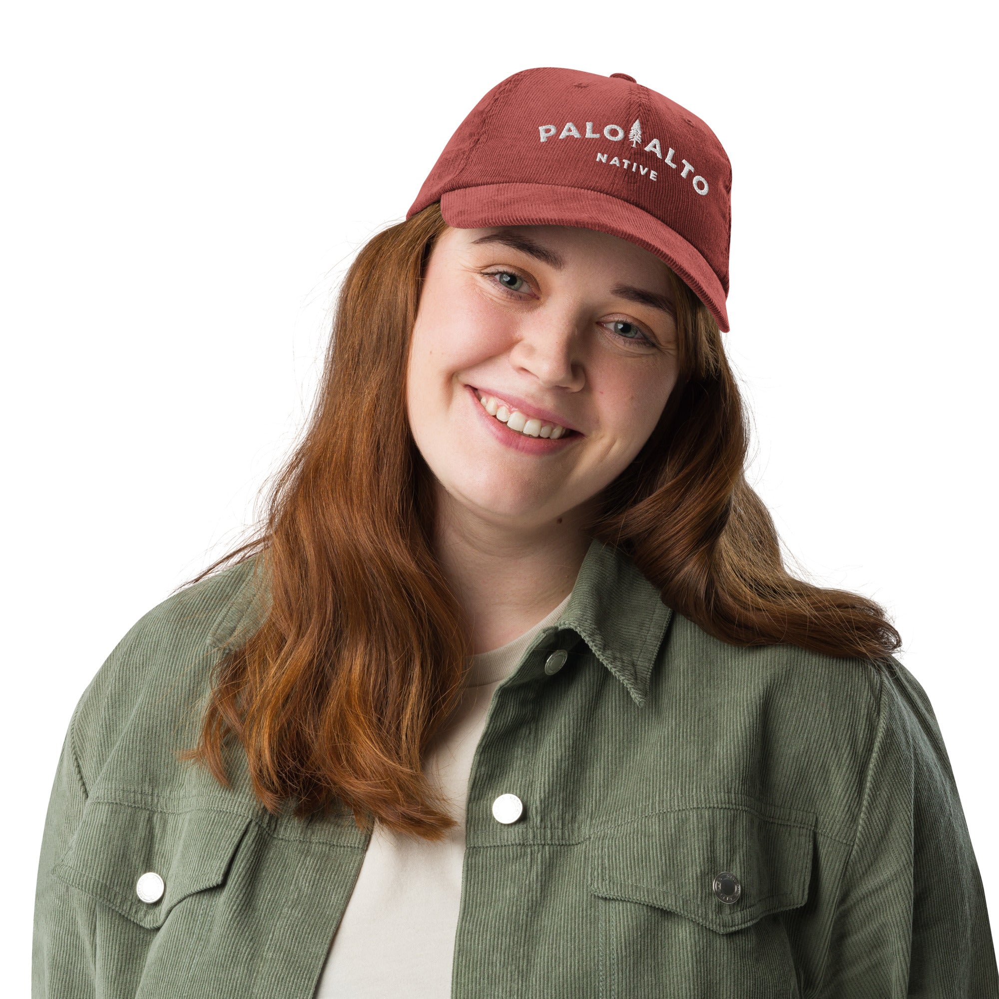 Female model wearing vintage corduroy palo alto native hat