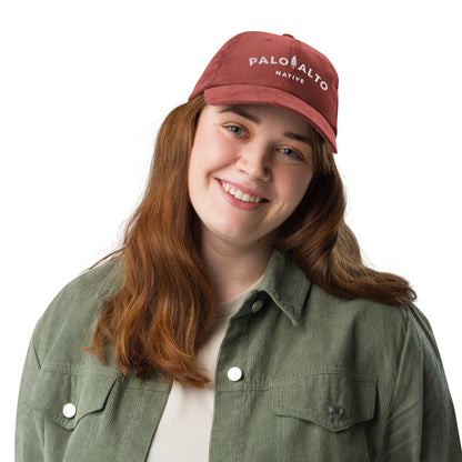 Female model wearing vintage corduroy palo alto native hat